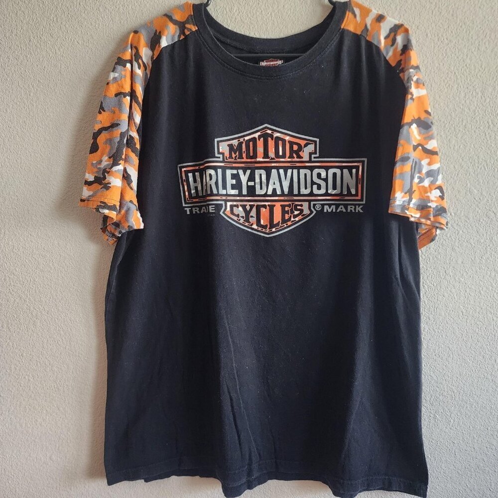 Harley-Davidson Shirt Mens XL Black Orange Camo Sleeves Virginia Beach 2010s